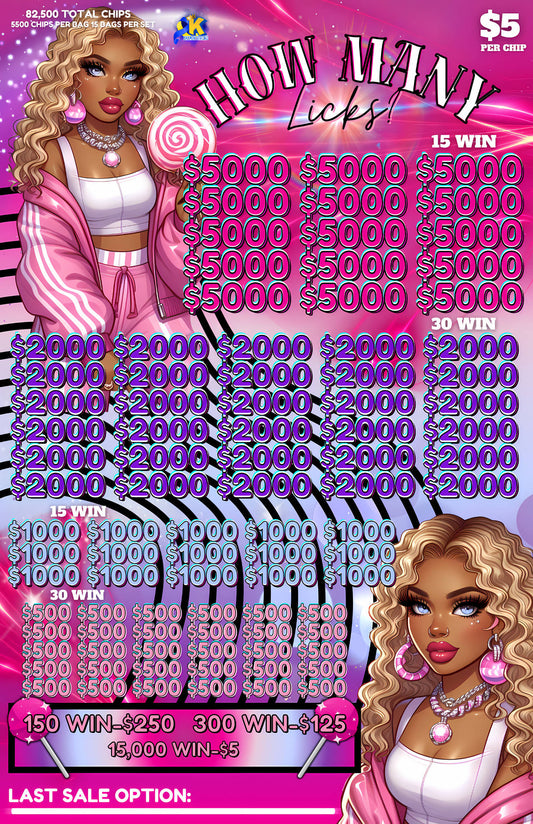 IN PRINT PRE-ORDER THIS LISTING IS FOR THE BIG BISH SET
15 bags with 5500 $5 chips per bag.  Total game profit $97,500 with NO LAST SALE OPTION ($15,000 has been allotted for)
